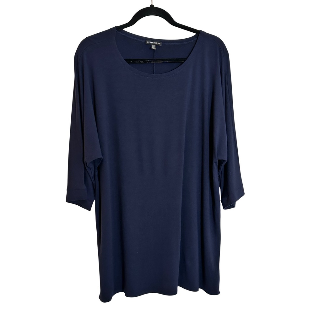 Eileen Fisher System Knit Tunic Top Size M Navy 3/4 Sleeve Relaxed Fit